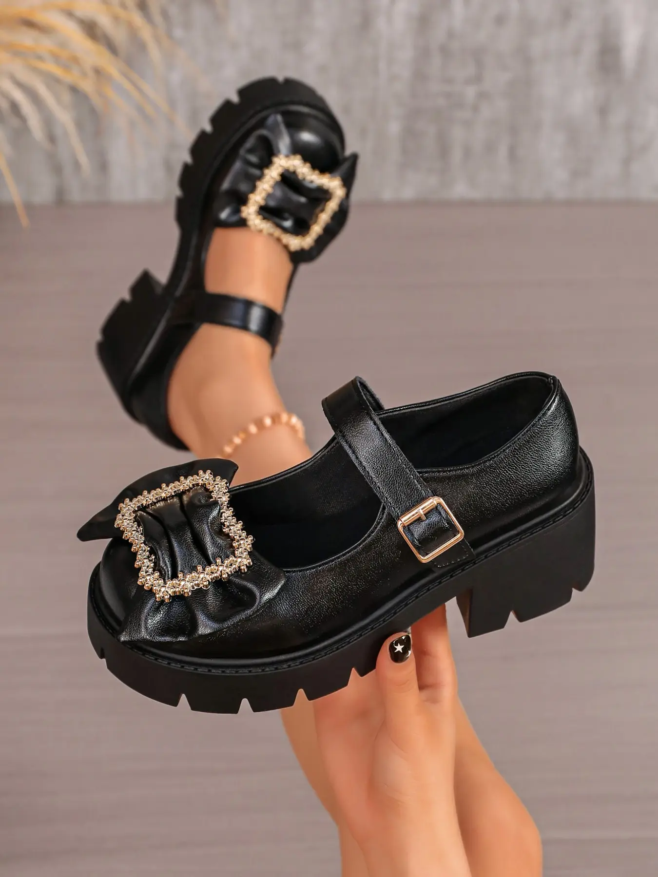 Women's Casual Classic Thick Sole Mary Jane Shoes, Stylish Rhinestone Bow Tie Buckle, Comfortable PU Leather, All Seasons, Perfect for Shopping and Dates, Classic Mary Janes