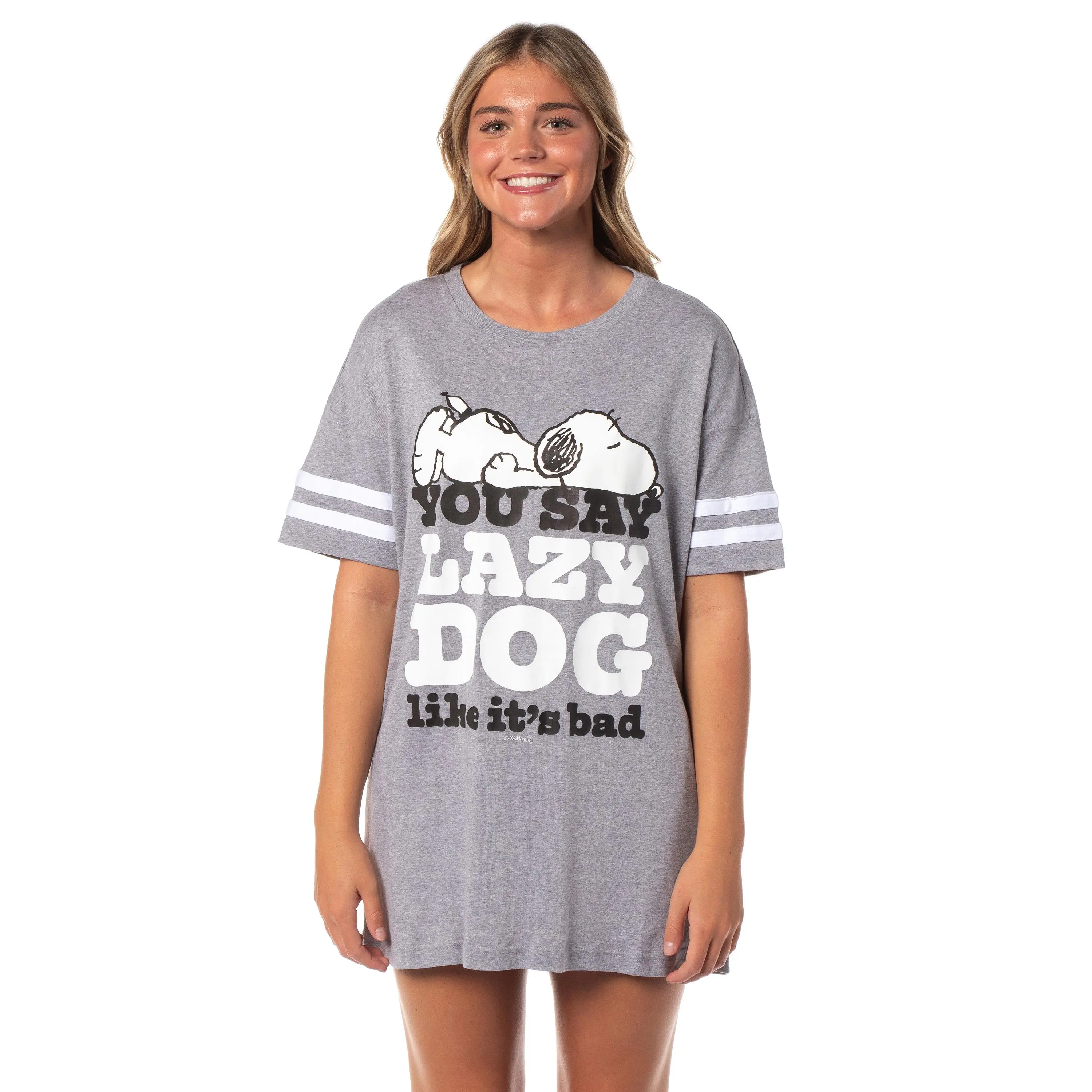 Peanuts Women's Lazy Dog Snoopy Nightgown Pajama Shirt Dress For Adults, Fabric, Print
