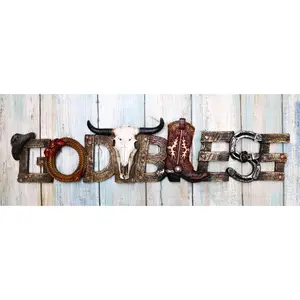 Rustic Western Cowboy Boot Hat Cow Skull Ropes God Bless Sign Wall Plaque Decor