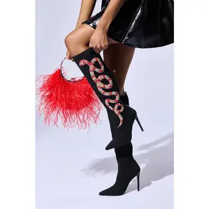 AZALEA WANG ZERAH BLACK EMBELLISHED SNAKE BOOT
