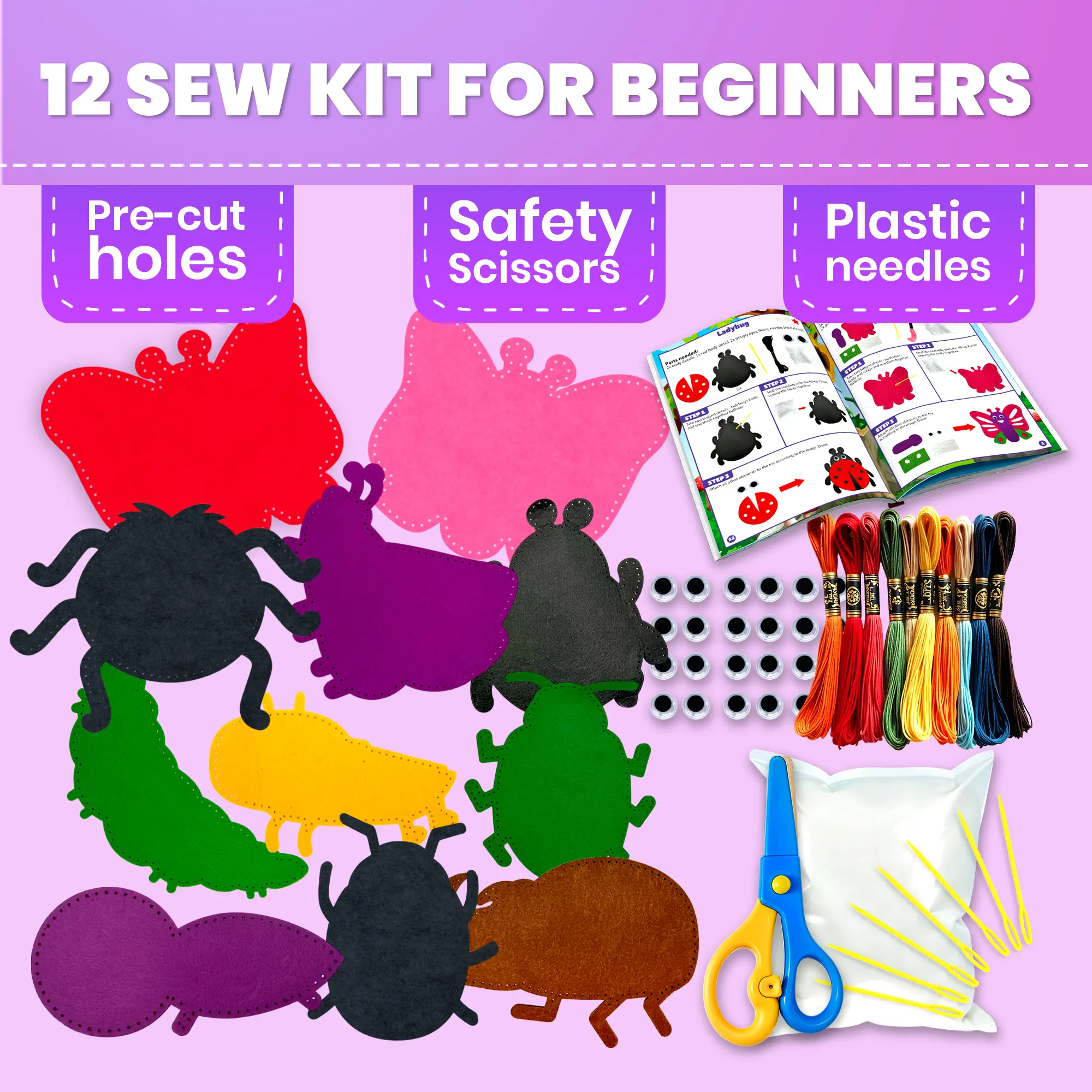 QUOKKA Kids' Felt Sewing Crafting Kit - Bugs & Insects Themed Creative Craft Kit, 12 Basic Projects Learning Set, Fine Motor Skills Development, Beginner-Friendly, Ages 7+, Ideal for Holidays, Birthdays