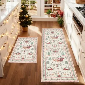 2 PC Christmas Decoration Kitchen Non-slip Floor Mats, Strip Carpet, Beige Santa Claus and Elk Pattern Living Room Carpet, Fluffy and Soft Bedroom Bedside Rug, Home Washable Plush Carpet, Home Decorative Rugs