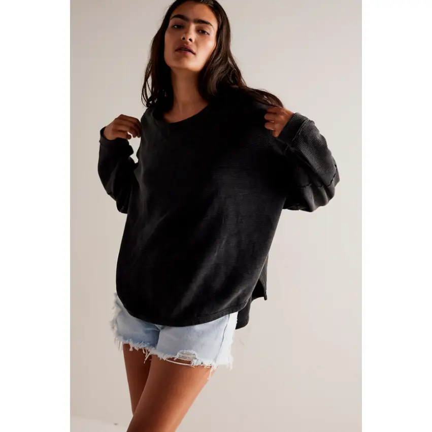 Women's Cotton Soft Knit Oversized Boat Neck Long Sleeve Tshirt - Essential Loose-Fitting Top with Exposed Seams, Ribbed Texture, Statement Details, Casual Laid-Back Luxury Vibe, 24.5" Back Length