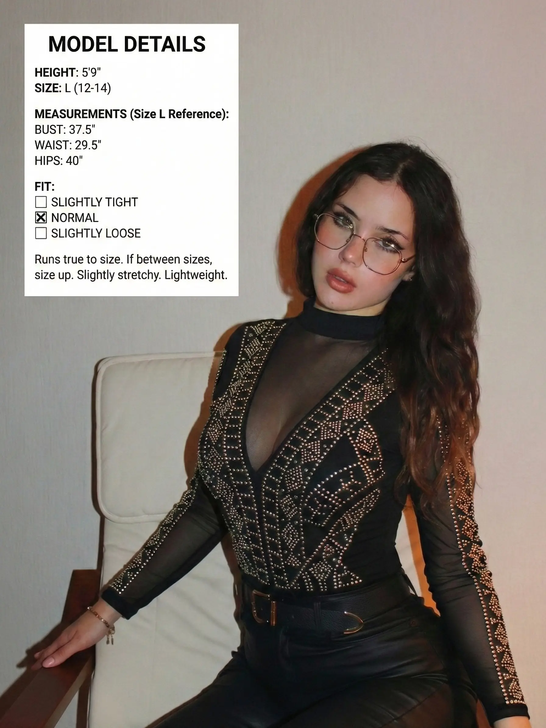 Women's Elegant Polyester Seamless Rhinestone Mesh Bodysuit - Long Sleeve Geometric Sparkly Leotard Top, Open Back Deep V Neck Clubwear, Sexy 1-Piece Outfit for Music Festivals & Vegas Night Out