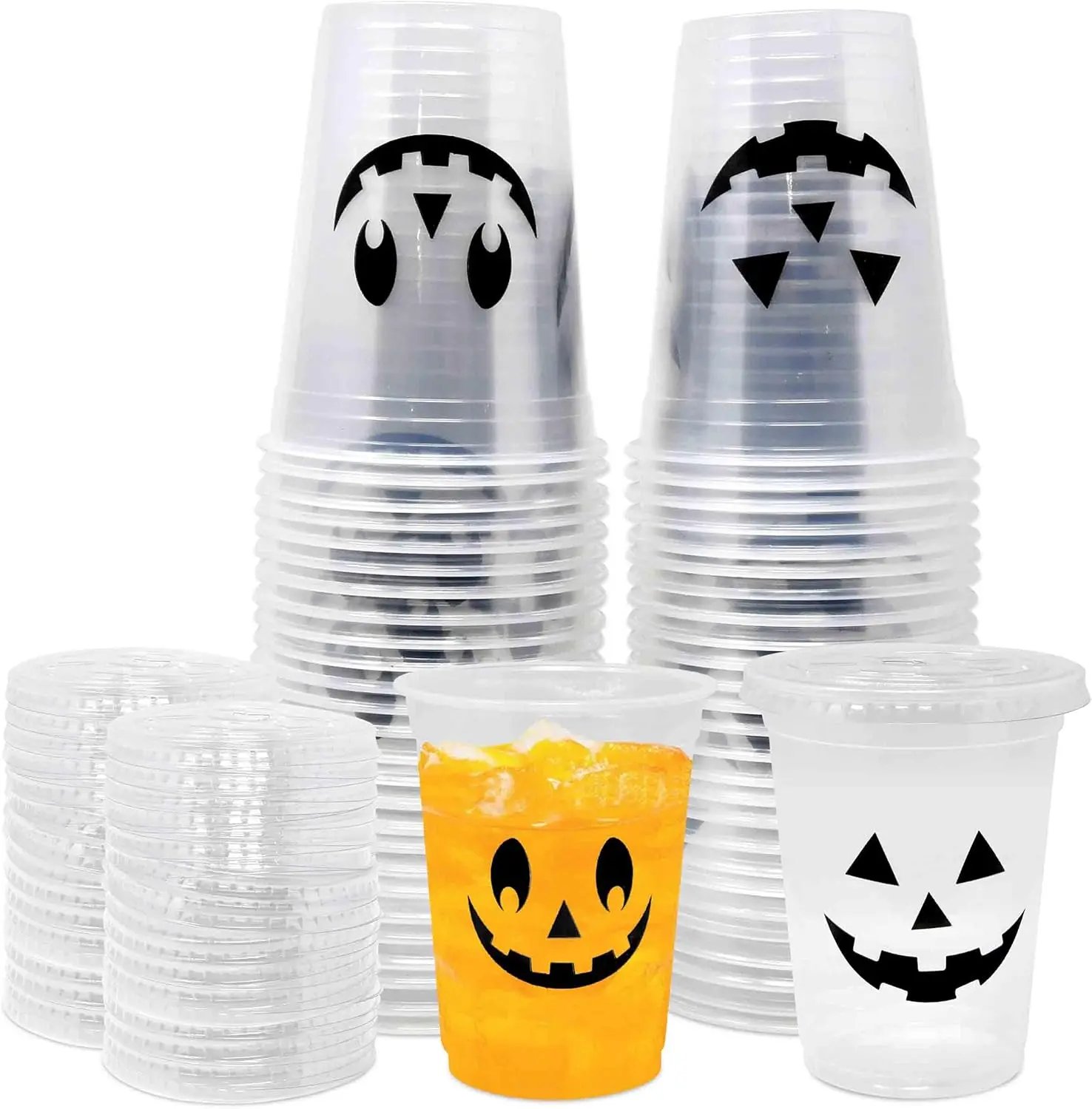 Gift Boutique 50 Pack 16 oz Halloween Disposable Plastic Cups with Lids Pumpkin Face Design Drinking Cup for Cold Drinks Beverage Holiday Party Supplies