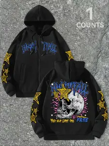 Men's Zip Up Hoodie, Casual Loose Drop Shoulder Pocket Drawstring Long Sleeve Hooded Sweatshirt for Fall & Winter, Halloween Fashion Men's Clothes for Daily Wear, Drawstring Graphic Hoodie, Drippy Skull Hoodie