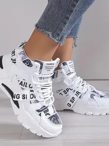 Women's Fashionable Lace Up Platform Thick Soled Textile Sneakers, Casual Comfortable Sports Shoes for Daily Wear, Female All-match Round Toe Chunky Sneakers for Daily Wear, Stylish Sneakers, Walking Shoes