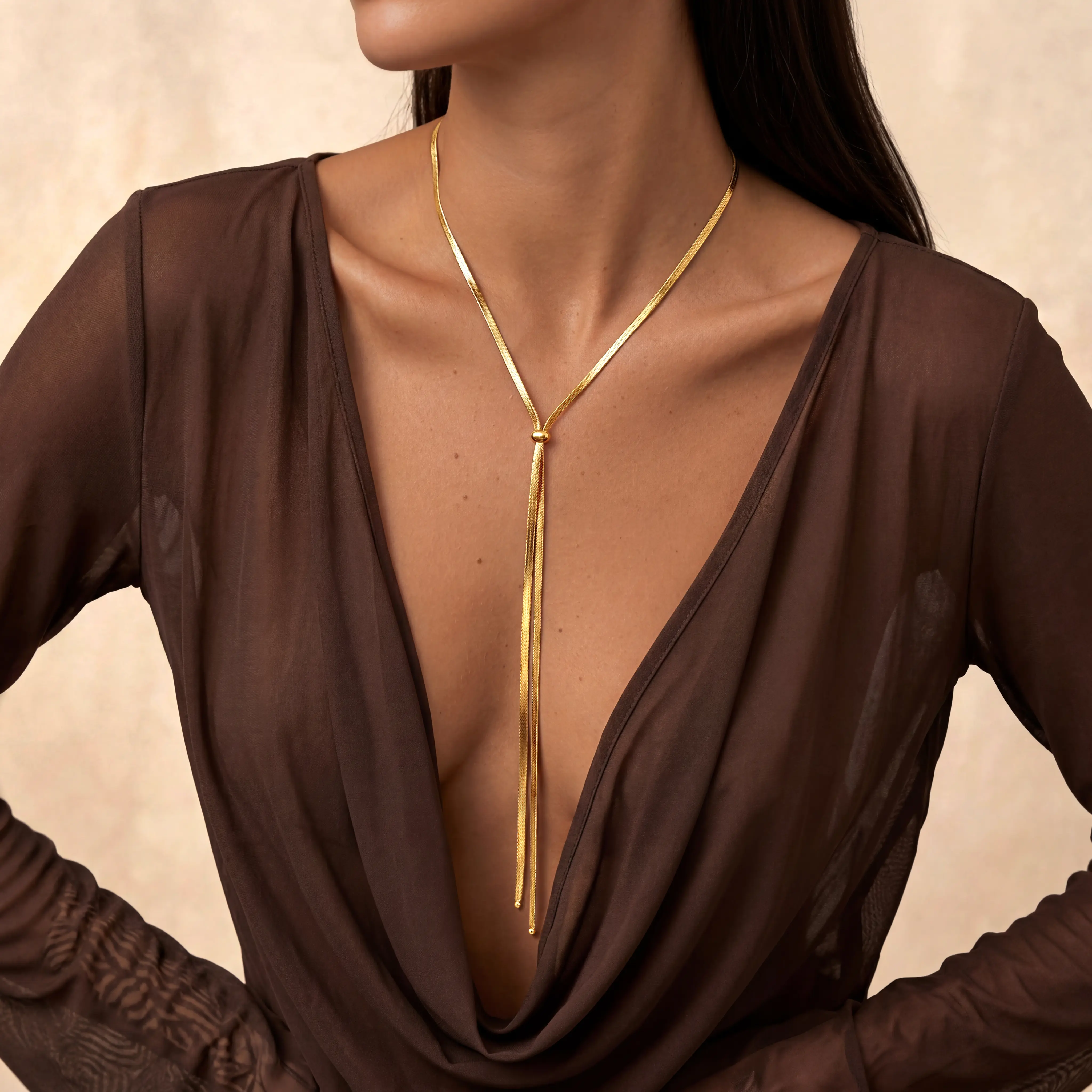 Tewiky Women's 14K Gold Plated Adjustable Snake Chain Lariat Necklace (39in/100cm) - Bead Accent, Y-Shaped Drop Dangle, Hypoallergenic Dress/Sweater Accessory, Anniversary Cool Unique Gift for Women, Gold Jewelry, Unique Jewelry,sohochic