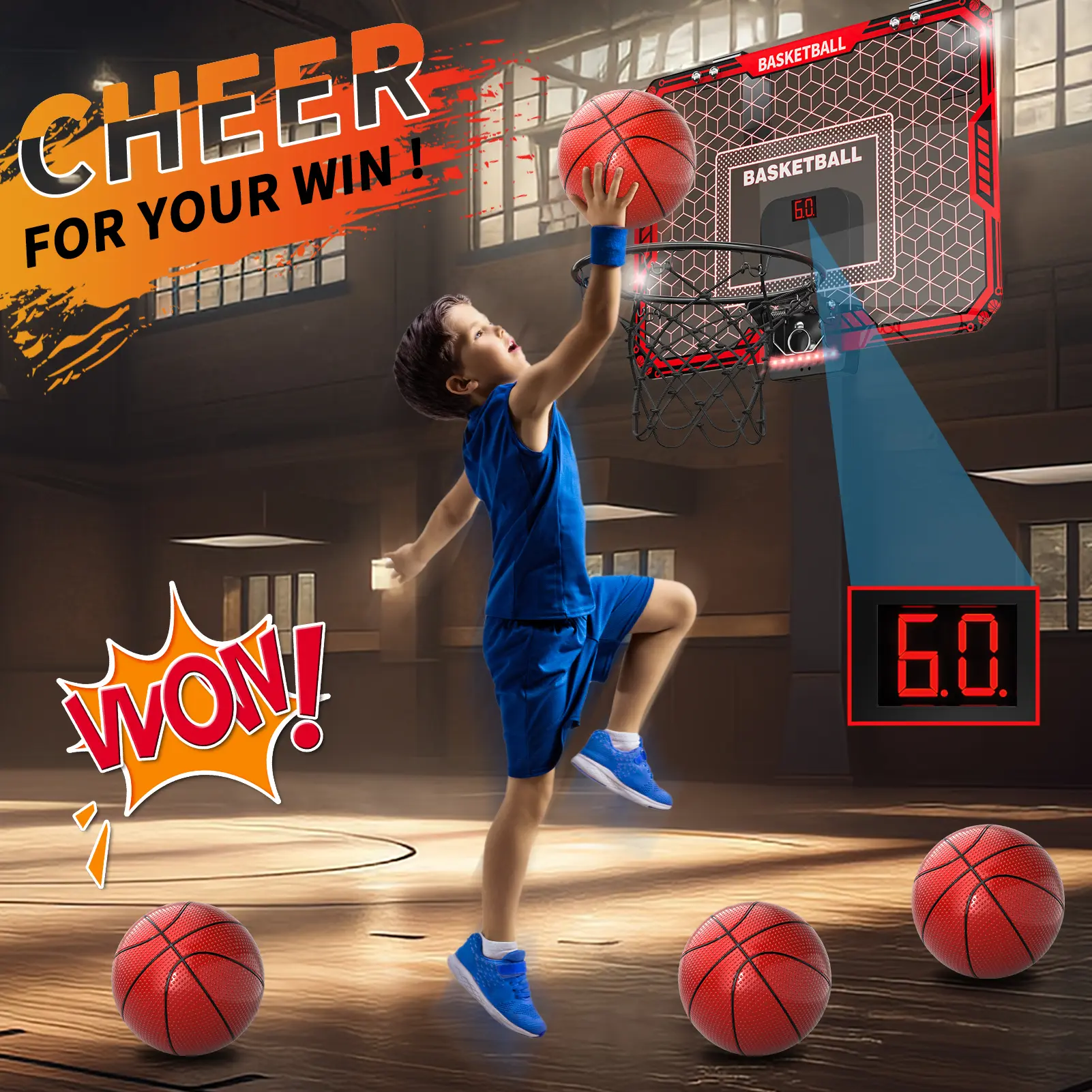 Wall-Mounted Door Frame Mini Basketball Hoop (HFD002A-18) - BPA-Free, Latex-Free Foldable Set with Electronic Scoreboard, 4 Basketballs, Durable Science Toy for 6-8 Years Olds Aiding Children Development, Home Sports Toy