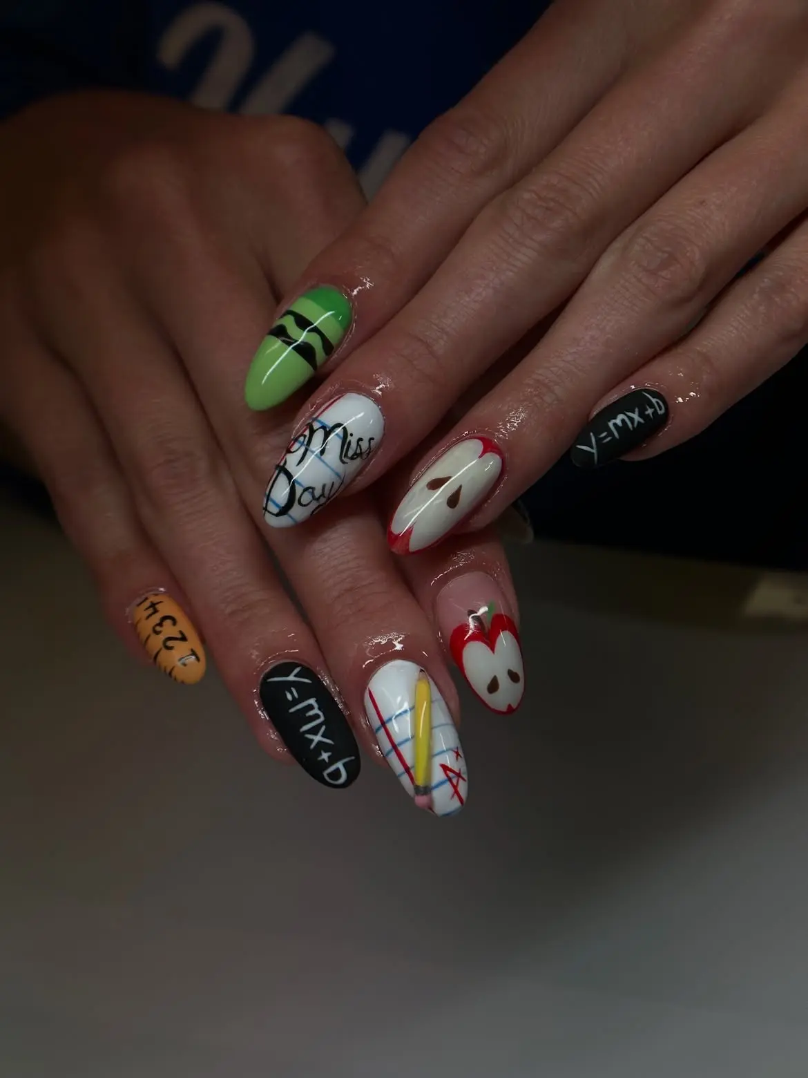 Back to School Press-On Nails – Teacher Classroom Nail Art, Apple, Pencil, Math Formula and Crayon False Nail Set