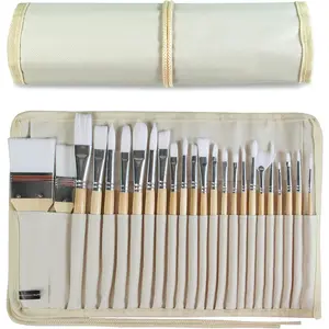 24 Pieces Paint Brushes Set with Wooden Handles and Canvas Brush Case Professional for Oil Acrylic and Watercolor Painting