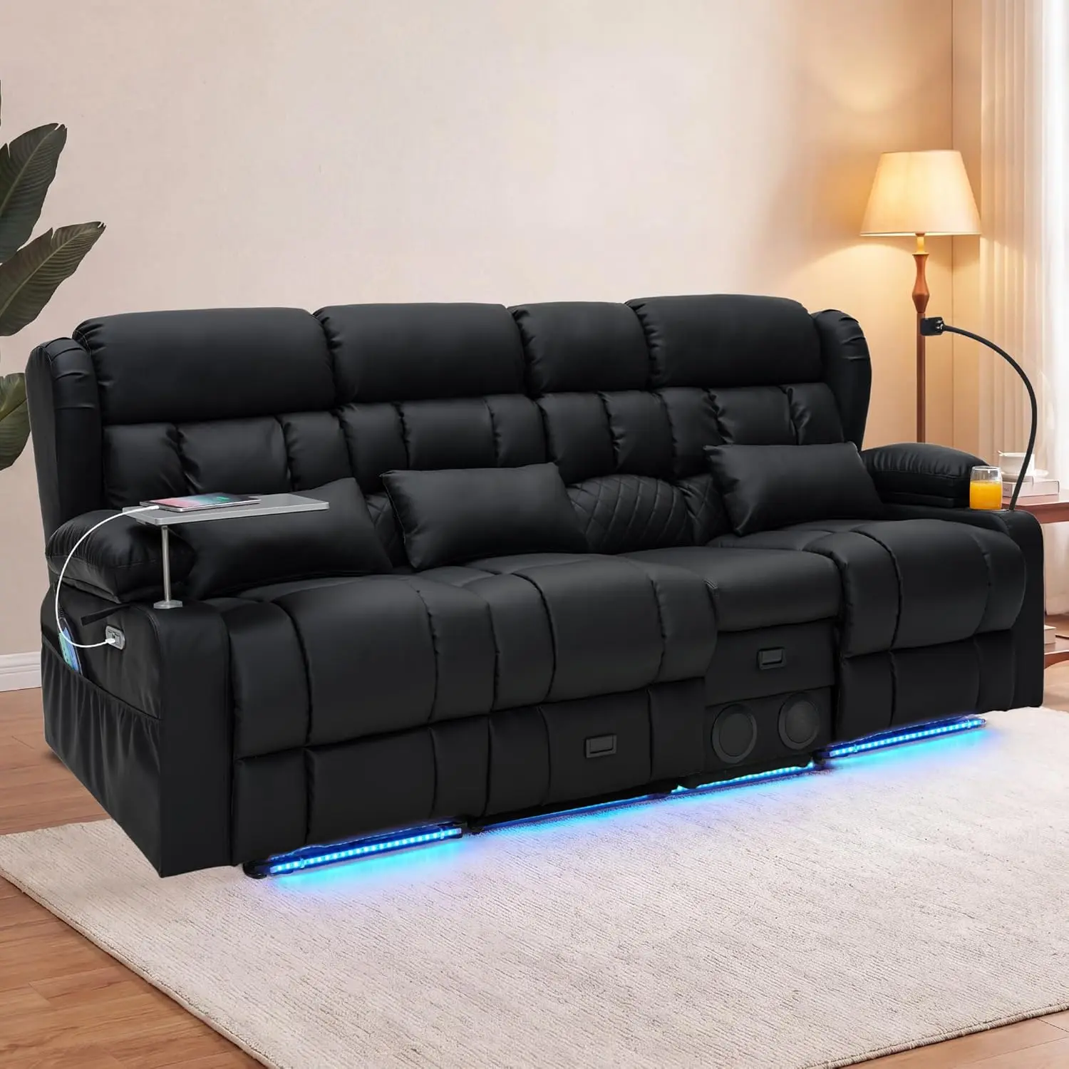 【JOYVELLEHEIM】4-Seat Ergonomic Power Recliner Sofa for Adults - Dual Consoles, Massage & Heat, LED Theater Seating, Bluetooth Speaker, USB Charging, Cup Holders, 360° Tray Table, Phone Holder - Multiple Colors & Fabrics for Watch Parties, Watch Party, Erg