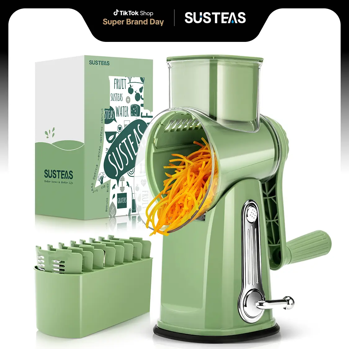 SUSTEAS Rotary Food Grater with Handle, Comes with 5 Well-Designed Blades and Strong Suction Cup Base, Comes with 1 Blade Storage Box Springtok