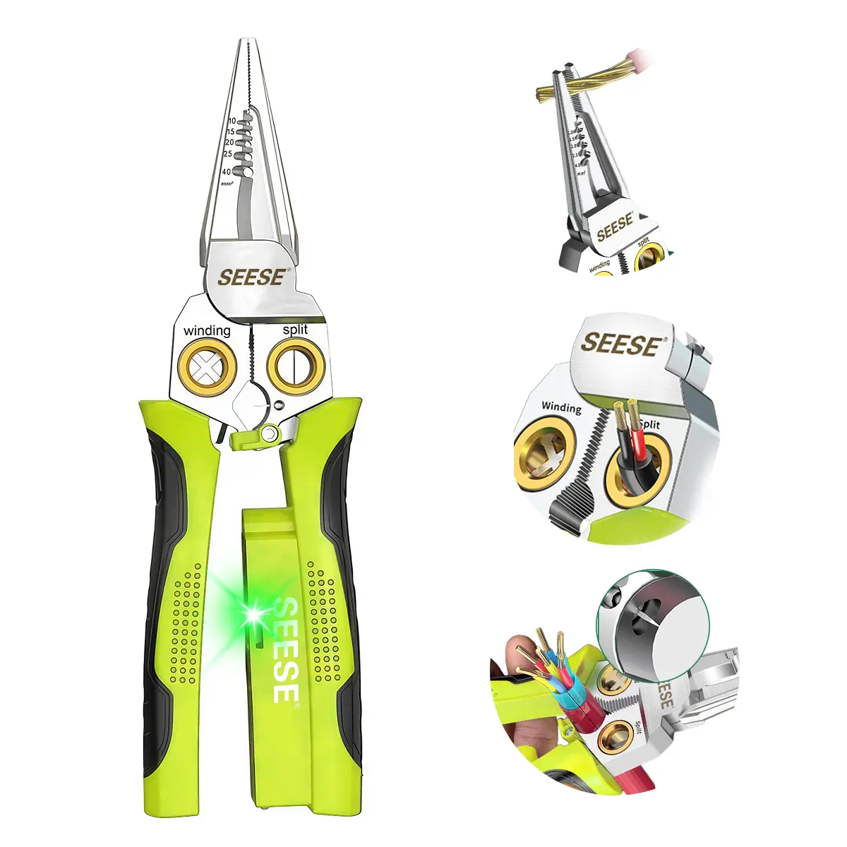 SEESE 8-in-1 Wire Stripper & Twister – Cutting, Pulling Wires, Voltage Tester Pliers, Cable Scissors, AC/DC Live, Null & Hot Wire Detection with Audible & Flashing LED Alarms