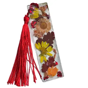 Fall Themed Resin Bookmark with Red Tassel and Pressed Flowers Design