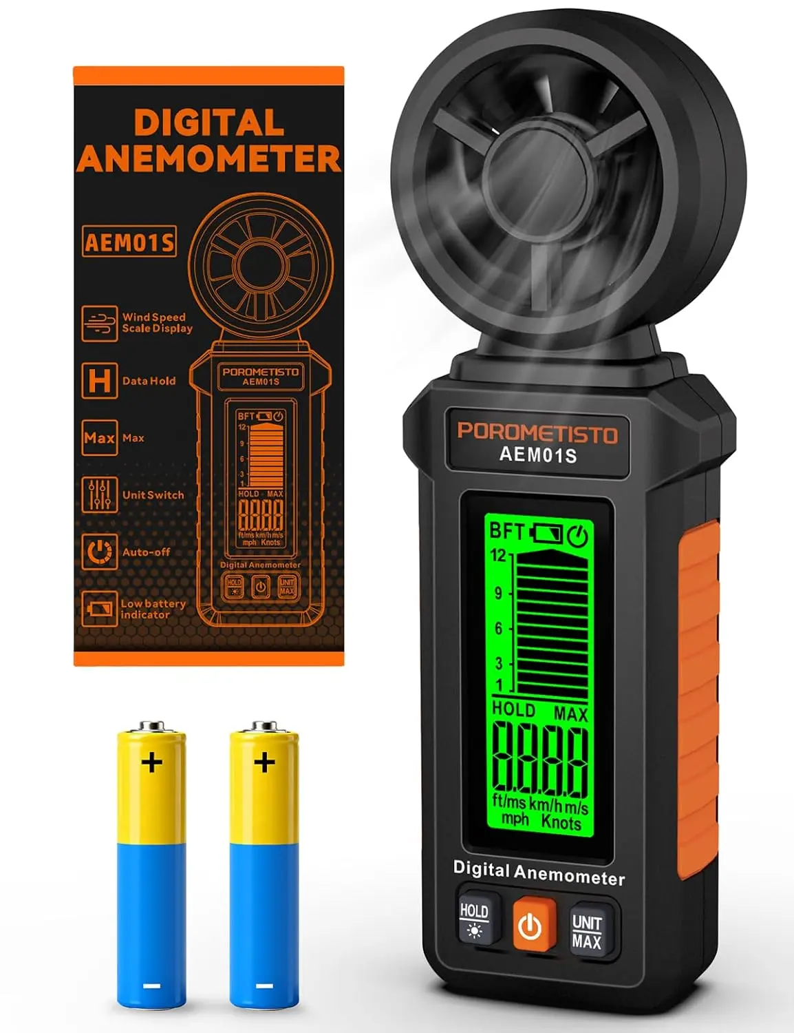 POROMETISTO AEM01S Digital Anemometer Handheld Wind Speed Meter,  Wind Gauge with 6 Units, Beaufort Scale, Data Hold, Max Value, Backlight LCD for HVAC, Drone Flying, Sailing, Outdoor Wind Measurement