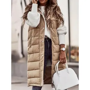 Women’s Plus Size Winter Jacket, Casual Solid Color Hooded Long Puffer Vest, 100% Polyester, Knee Length, Woven Weave