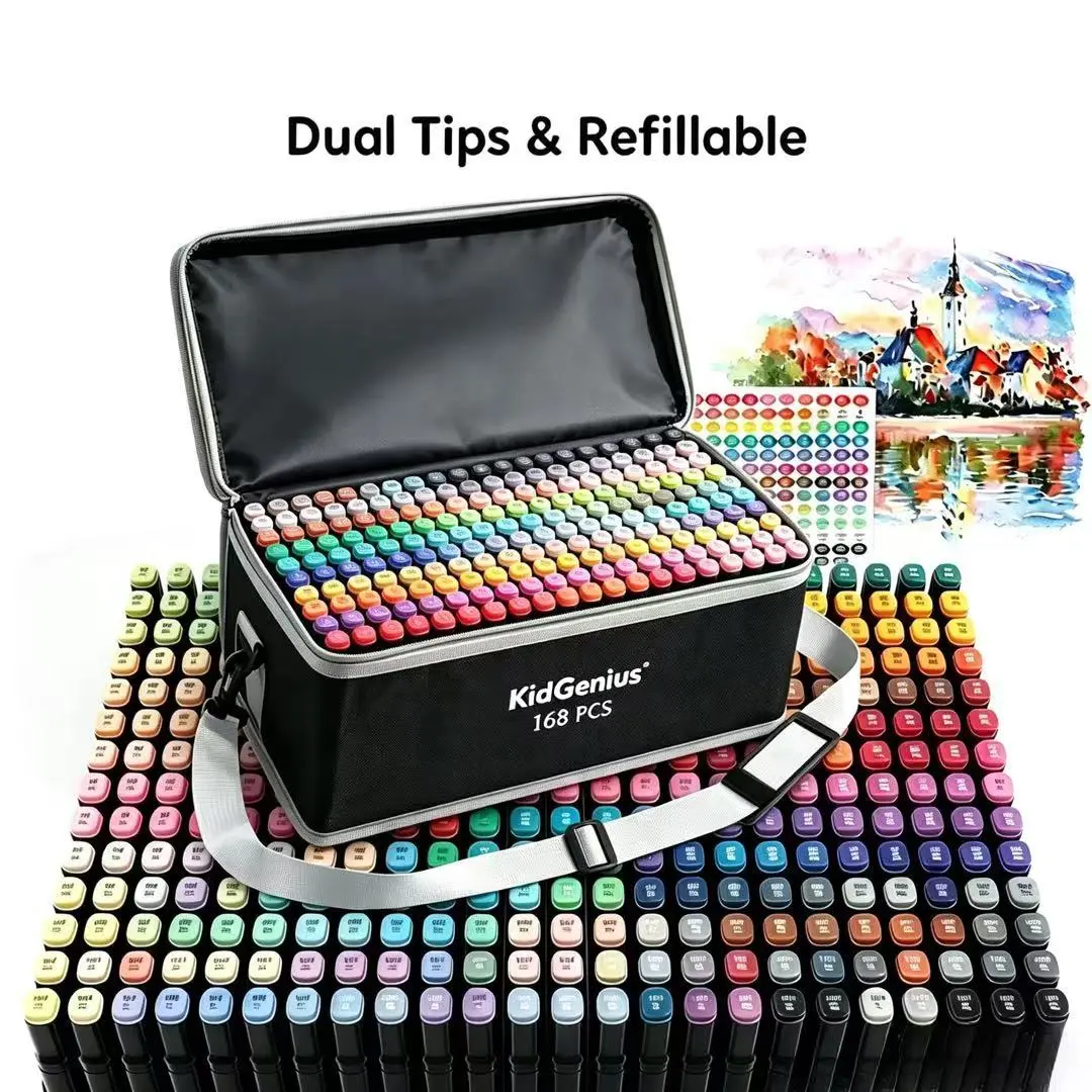 KIDGENIUS Portable Plein Air Dual Tip Alcohol Markers, 262/168/120 Vibrant Colors, Waterproof Anti-Dry Art Supplies with Travel Carrying Pouch for Outdoor Sketching & Painting