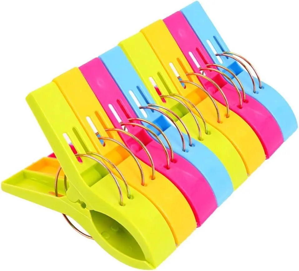 8-Pack Multicolor Heavy Duty Plastic Windproof Beach Towel Clips - 4.1 in Durable Rust Resistant Heavy Duty Clothespins for Beach Chairs, Cruises - Essential Home Supplies Hangers & Pegs