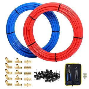 1/2" 2 x100ft, 200ft PEX-B Tubing (Blue & Red), Brass PEX Fittings, Crimping Tool, Cinch Clamps, Cutter, J Clamps (All in One Bundle)