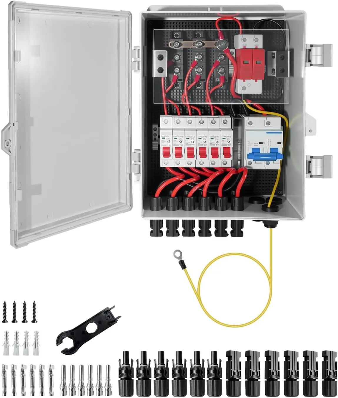 6 String Solar Combiner Box with 100A DC Breaker – IP65 Waterproof PV Combiner with 6×16A Breakers, Surge Protection & Anti-Backflow Diodes