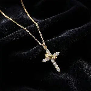 Simple Crown Cross Necklace for Women, 14K Gold Plated Crown Cross Pendant Necklace, Non-Tarnish Faith Jewelry for Women, Pretty Crown Cross Necklace For Daily Party Clothing Decor Trendy All-match & Exquisite Jewelry For Valentine's Day gifts`