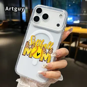 Magnetic Soft Case for iPhone 17 16  Pro Max Plus 15 14 13 12 11 Air E Non-Yellowing Drop Protection Transparent Acrylic Large Hole Softball Mom Love Pattern Shockproof Silicone Cover Supports Wireless Charging