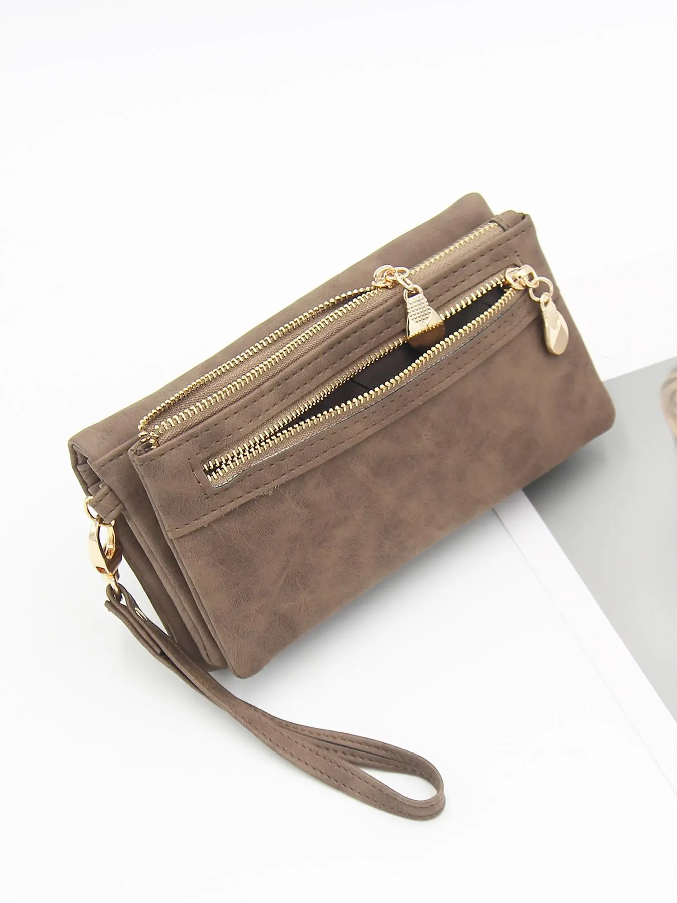 Women's Solid Color Double Zipper Long Wallet, Multi-function Clutch Purse, Clutches Wristlets, Durable PU Leather Multi-functional Wristlet for Daily Use, Daily Commuting Bag