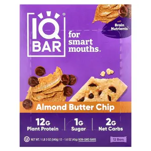IQBAR Plant Protein Bar, Almond Butter Chip, 12 Bars, 1.6 oz (45 g) Each