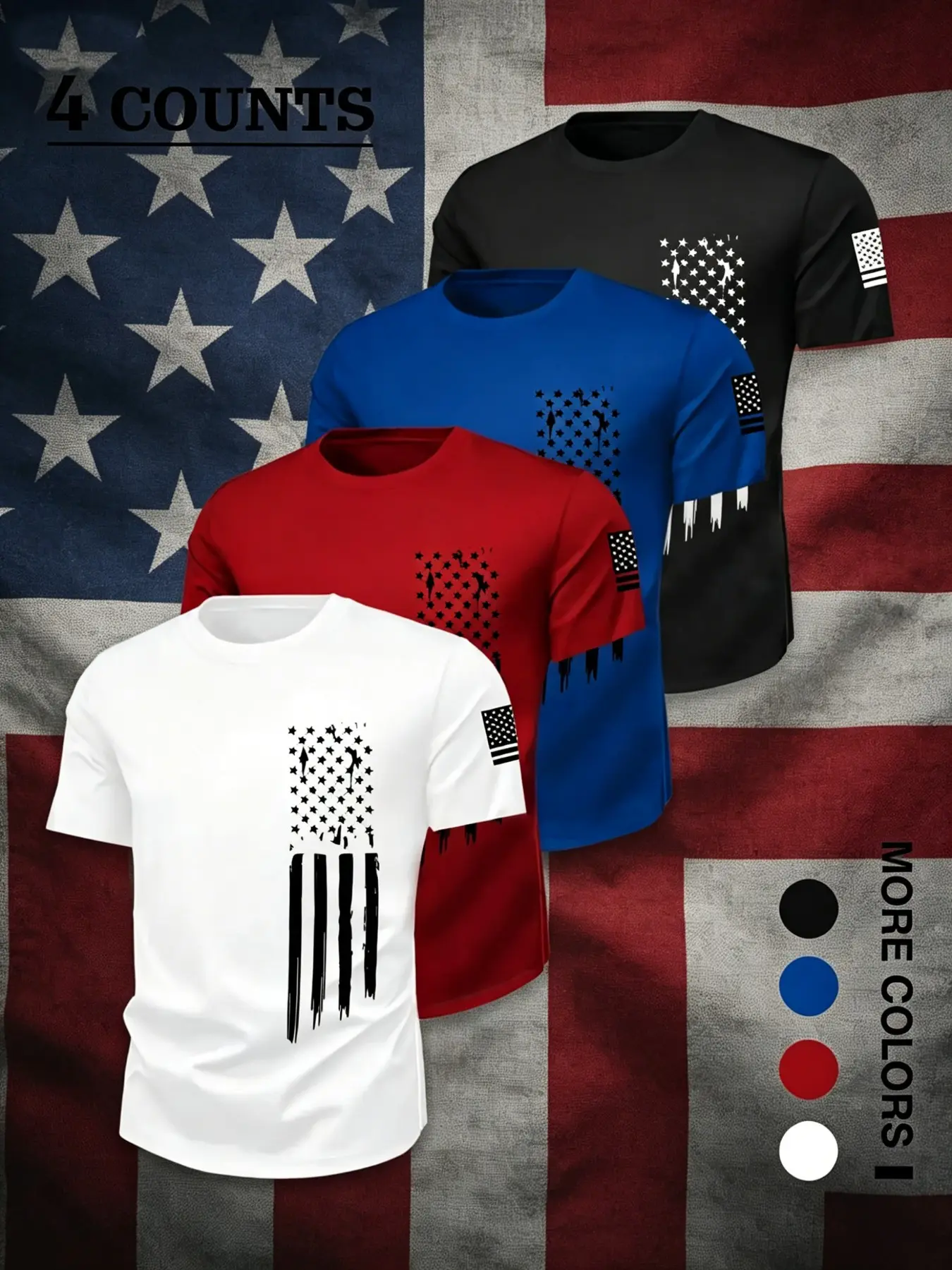 4-Pack Summer Fashion Casual Short Sleeve T-Shirts, Comfortable Breathable Flag Print, Ultra-Thin Quick-Dry Workout Tops, Activewear Tee, Lightweight Moisture-Wicking, Fitness Shirt, Athleisure Tee, Casual Athletic Wear