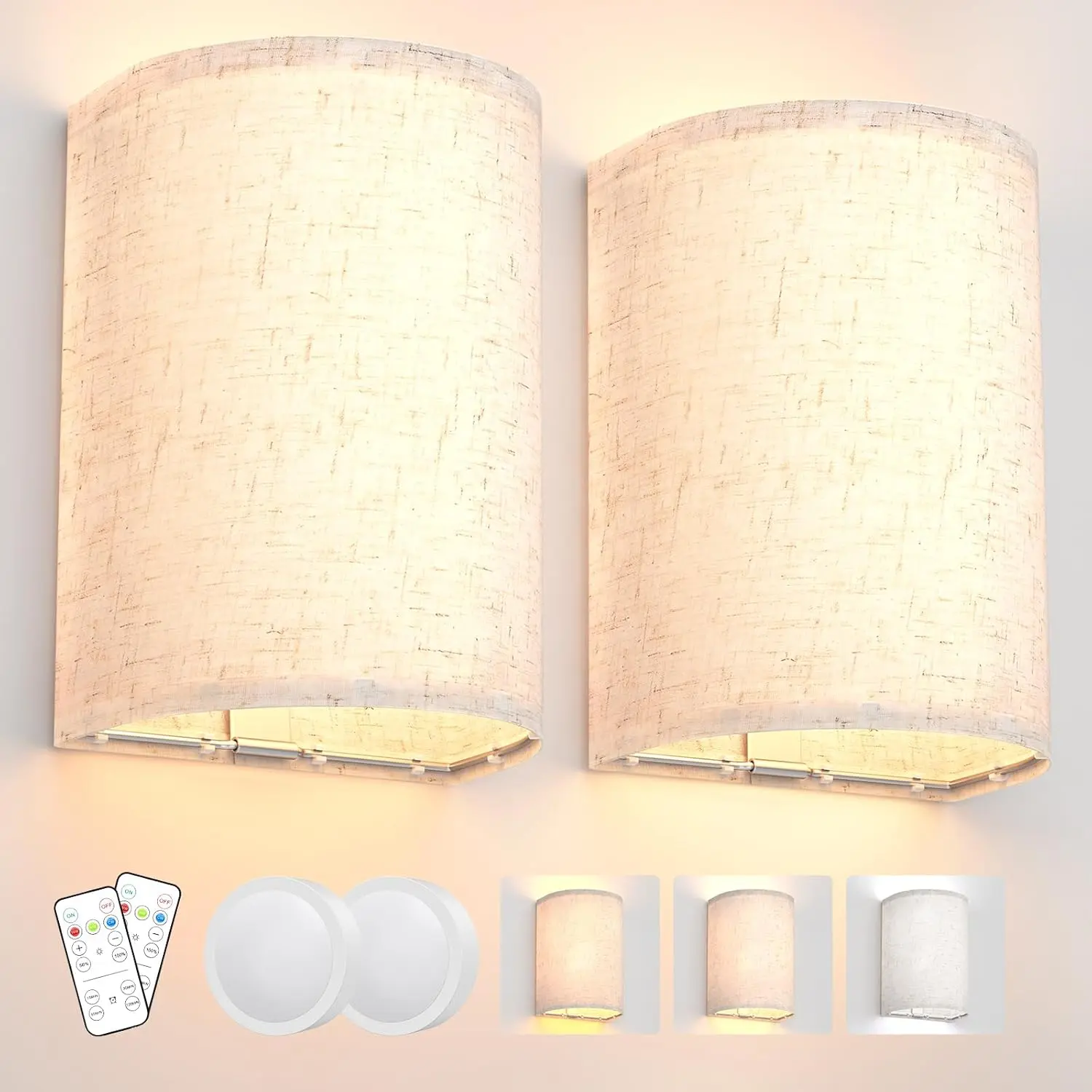 2-Pack Contemporary Battery-Operated Linen Shade Wall Sconces - Decorative Mood Lighting with Remote Control, Auto-Off Timers, 3 Color Changing Modes, Dimmable Warm and Cozy Indoor Lamps for Bedroom, Hallway
