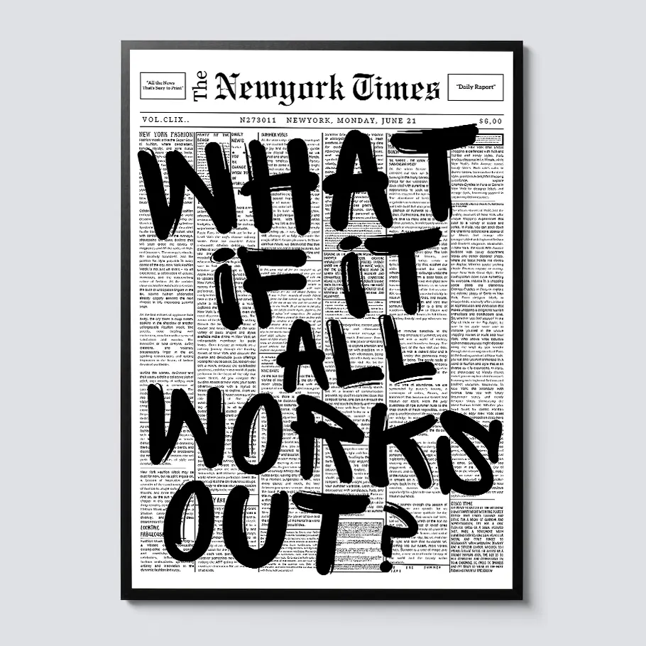 Retro Black and White Newspaper Poster Canvas Wall Art Print - Artistic Minimalist Animal Mural with "What If It All Works Out" Positive Affirmation, Cool Room Decor, Bedroom Items, Apartment Accessories, Room Decorations, Plant-Friendly Home Ornament