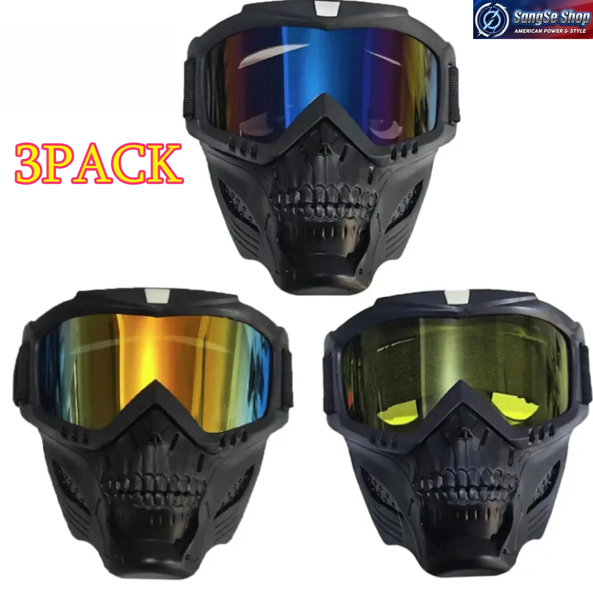 3-Pack Plastic Anti-Fog Motocross Goggles - 2026 Trend Adjustable Retro Skull Design, Adjustable Fit, Breathable Foam, Windproof, UV Protection, Durable, Impact Resistant Off-Road Sports Eyewear for Dirt Bike Racing & Enhanced Road Safety, Cs Games