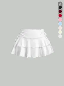 Women's Solid Ruffle-Hem Side-Tie Short Skirt Athletic Skirt Stylish Casual Staple Versatile Day-to