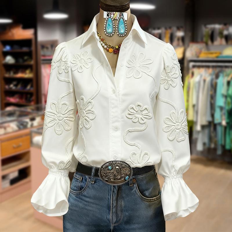 Cherrybetty Elegant Textured Flower Bell Sleeve Button Up Blouse Classy Going Out Top Sweety Essential Comfort Women's Tops