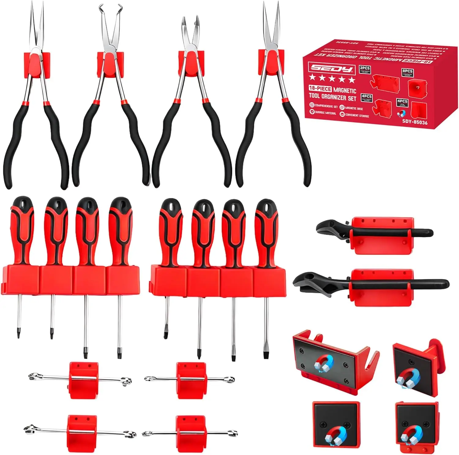 18PCS Magnetic Tool Organizer Set, Includes 8 Screwdriver Holders, 2 Large Wrench Organizers, 4 Small Wrench Organizers and 4 Pliers Racks for Toolbox, Garage and Workshop Storage, Tools Not Included