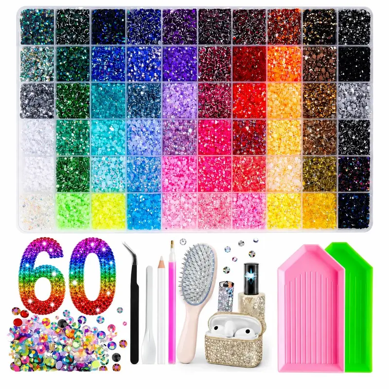 1-Box 60-Color 3 mm Trendy Nail-Bedazzling Rhinestones Kit, AB Iridescent Crystal Rhinestones, Semi-Circular Flat-Back Resin Diamond Decorations for DIY Nails, Birthday and Holiday Ornaments, Nail Art Supplies