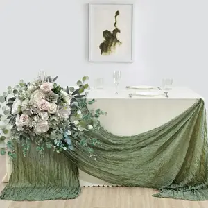 Gauze Crinkle Table Runner Boho Wavy Textured Sheer Linen Look Tablecloth for Wedding Party Festival Farmhouse Rustic Home Decor Centerpiece