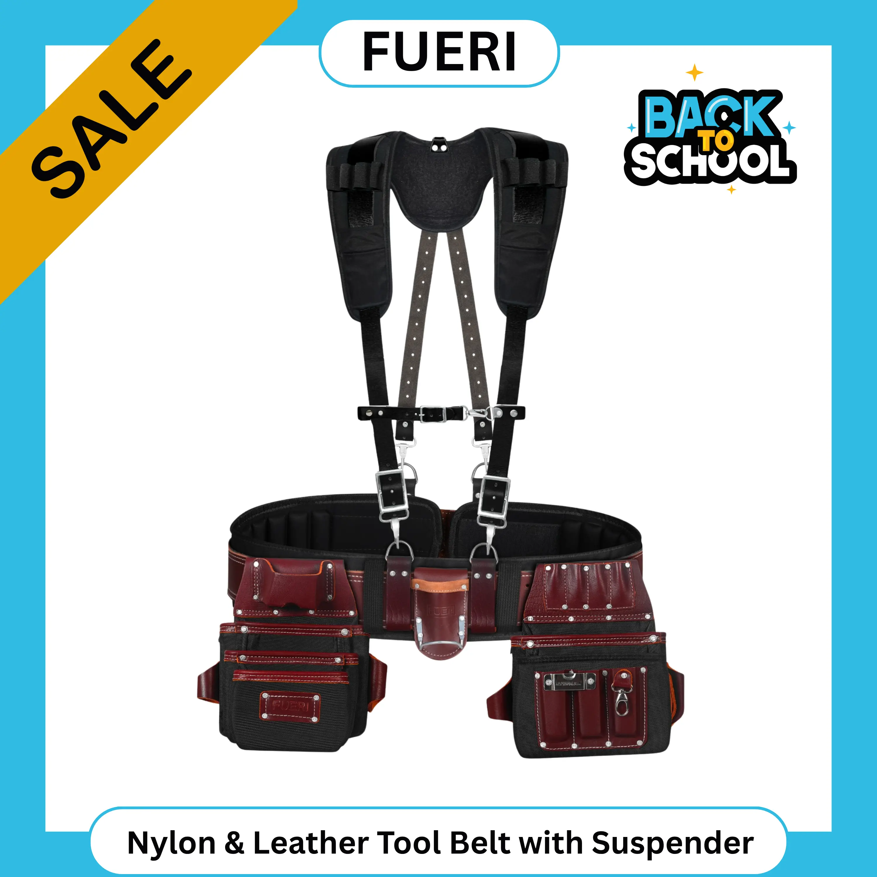 FUERI Tool Belt for Men with Suspender, Heavy Duty Nylon and Leather 26 Pockets Maroon and Black comes with Comfort Padded Belt,Spacious Pouches,Hammer Holder, Suspender Loops and Suspender for Carpenter Construction Electrician campingessentials