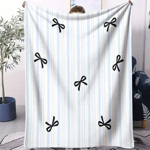 1-Piece Set of Light Blue Striped Cartoon Bow-Printed Blanket, All-Season Flannel Blanket, Available in Multiple Sizes, Soft and Breathable, Perfect for Sofas, Beds, and Office Naps