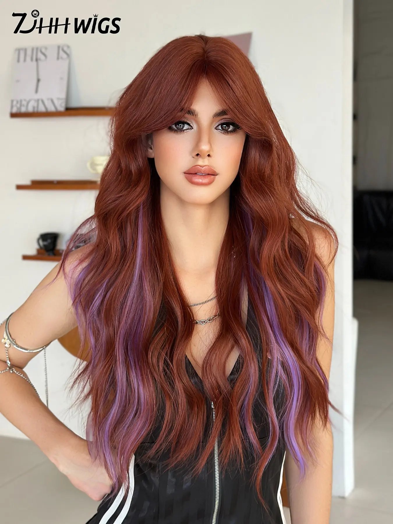 Extra Long Curly Burnt Orange Wig for Women 28 Inch Mix Purple Highlights Hair Long Wavy Wig with Curtain Bangs, Heat Resistant Fiber Hair Curly Wave Synthetic Fluffy Wigs for Daily & Music Festival Party Wear, Cosplay Costume Use Fashion Wig Accessories