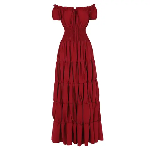 Women's Soft Retro Casual Medieval Renaissance Smocked Waist Flared Long Gown - Pleated Sleeves, Elastic Neckline, 95% Poly-5% Spandex Flex, Hand Wash, Everyday Gothic Halloween Garment
