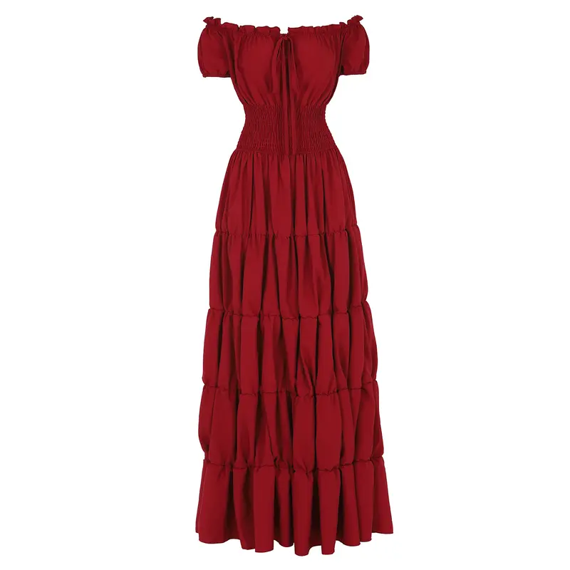 Women's Soft Retro Casual Medieval Renaissance Smocked Waist Flared Long Gown - Pleated Sleeves, Elastic Neckline, 95% Poly-5% Spandex Flex, Hand Wash, Everyday Gothic Halloween Garment
