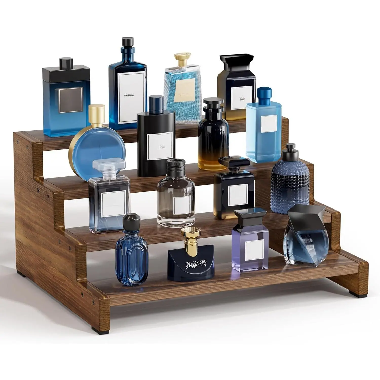 Rustic Brown 4-Tier Step Design Wooden Men's Cologne Shelf - Default Installation Desk Home Supplies Organizer, Storage Rack for Displaying Perfumes, Collectibles