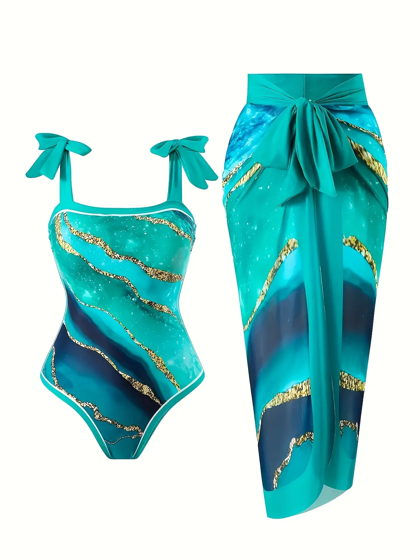 Women's Teal Marble Print 1-Piece Strappy Swimsuit with Bow Shoulder Straps & Matching Tied-Waist Bathing Suit Skirt Cover Up - Beachwear Swimsuit Coverups for Summer