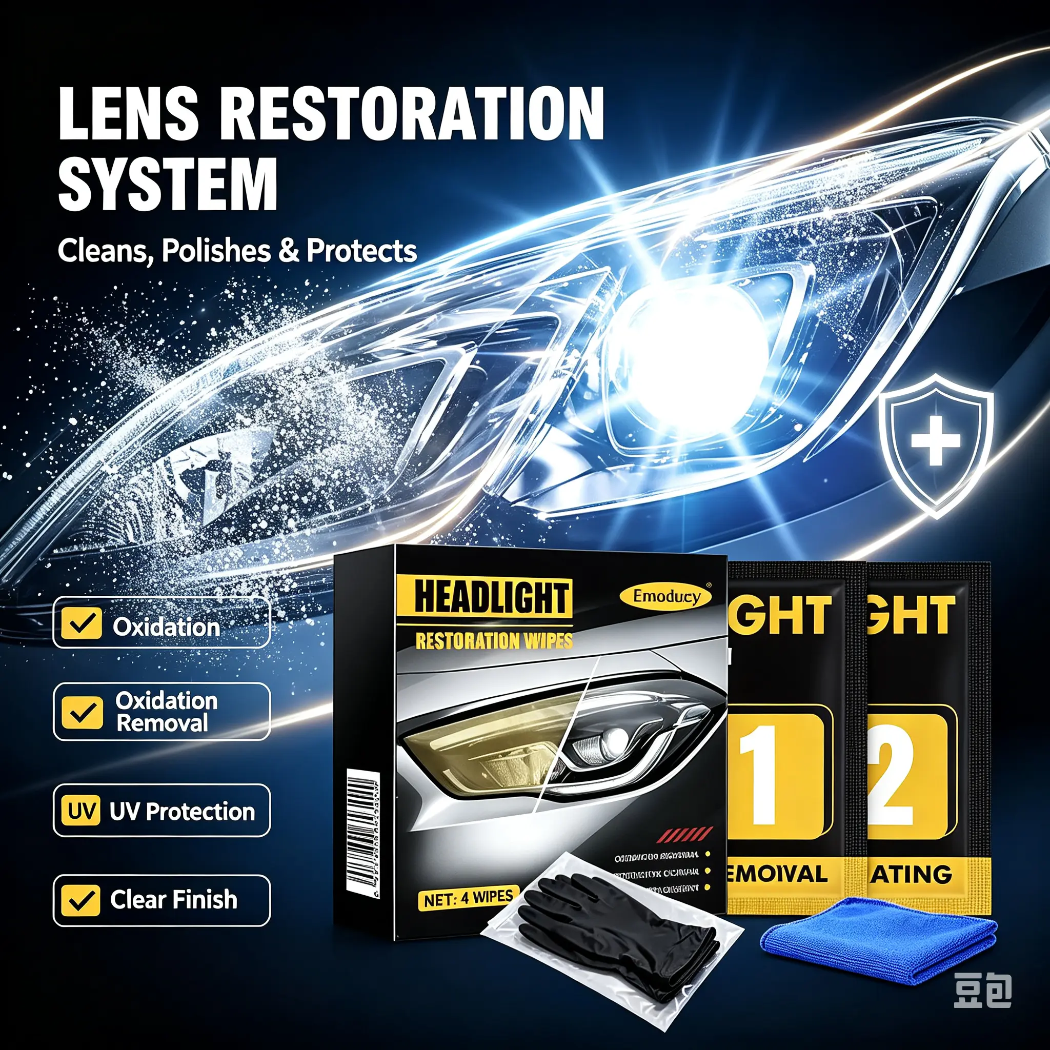 Emoducy Headlight Restoration Kit - All-in-1 Portable Solution with Wipes to Fix Yellow, Foggy Headlights, Restores Lights for Car Paint Care & Maintenance, Diy Friendly