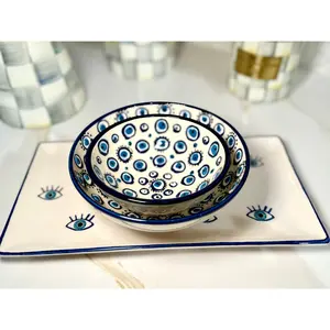 Evil Eye Ceramic Bowl Set of 2 - White and Navy