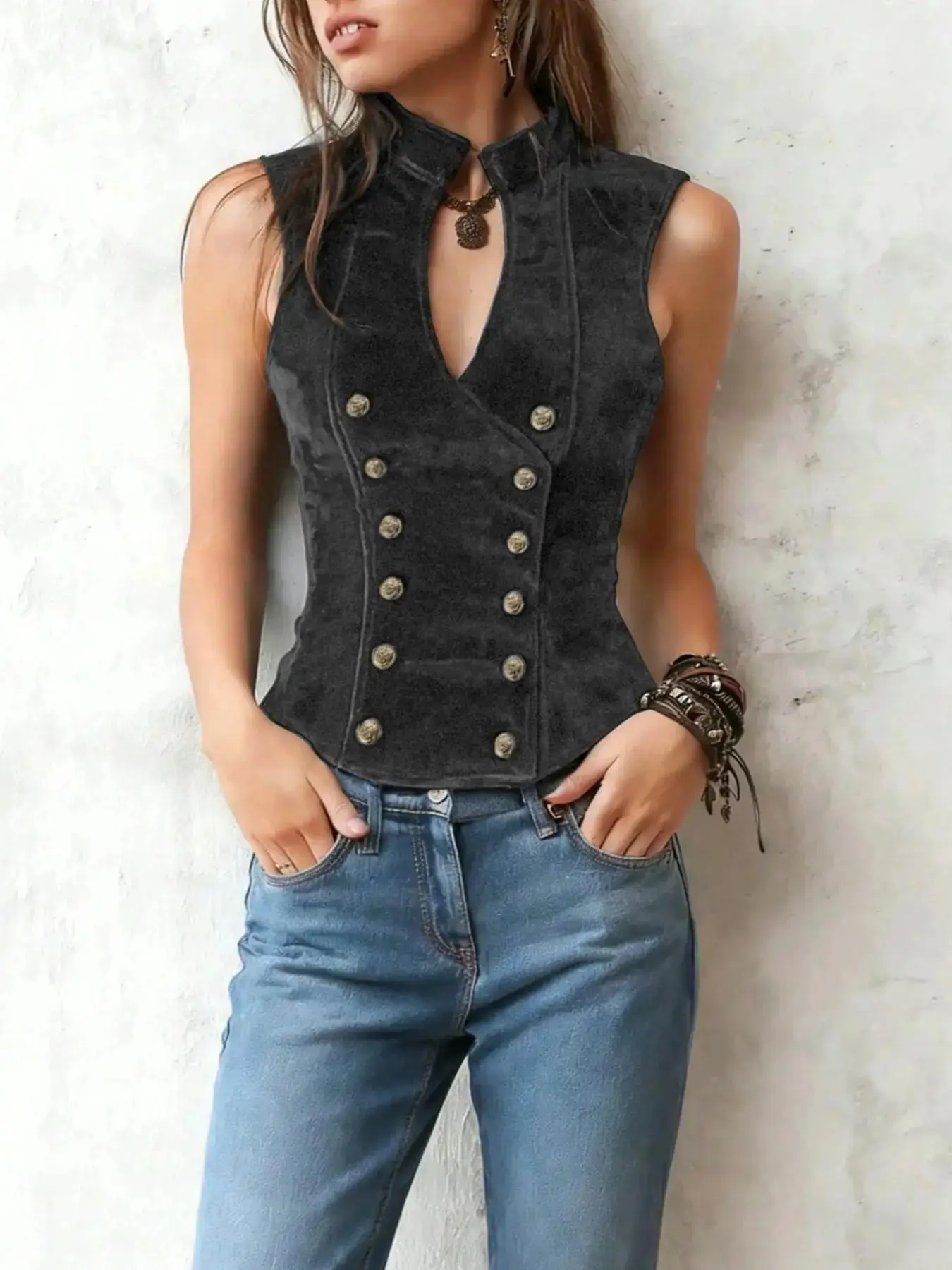 Women's Stand Collar Double Button Velvet Vest, Sleeveless Fitted Top, Elegant Vintage Style, 1 Piece Set, Perfect for Layering