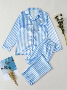 Women's Striped Satin Sleepwear Set, Lightweight Breathable Soft Fabric, Casual Home Wear Loungewear Two-Piece Suit for Fall Winter Spring Summer
