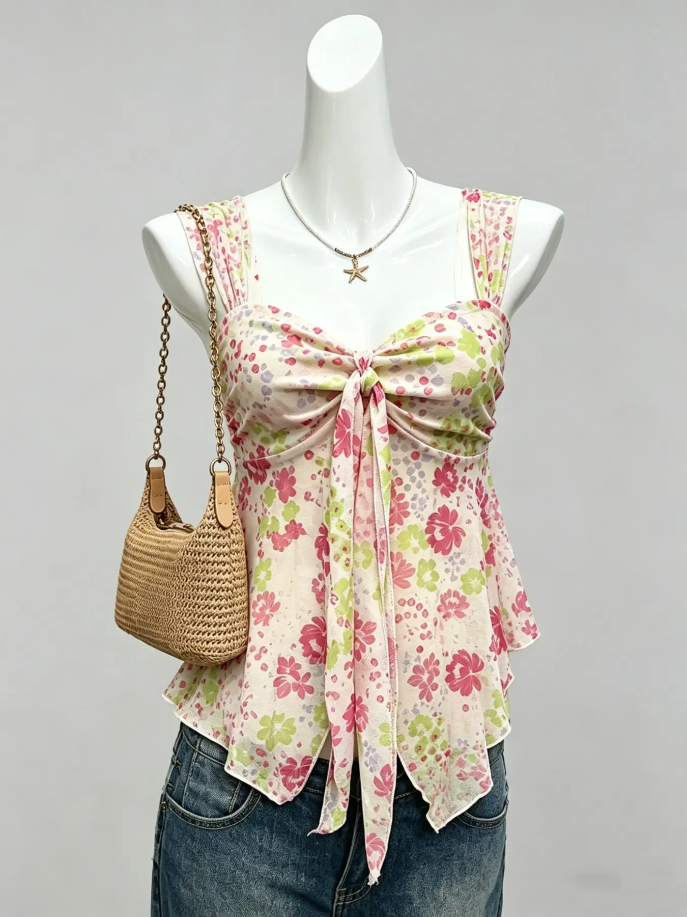 Summer Beach Vacation Ditsy Floral Mesh Lightweight Halter Cami Top, Cute Asymmetrical Hem Sleeveless Women's Sheer Transparent Shirt, Small Fresh Style